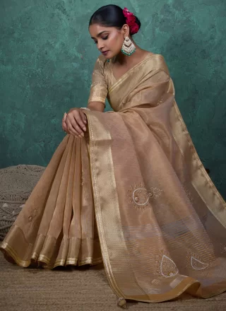 Brown Linen Designer Sari with Cut Dana, Moti and Thread Work for Ceremonial