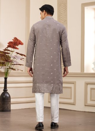 Brown Machine Embroidery Work Art Silk Kurta Pyjama