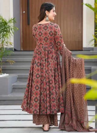 Brown Muslin Readymade Salwar Suit with Geometric Print Work