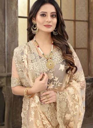 Brown Net Classic Saree with Embroidered, Resham, Stone and Zari Work for Ceremonial