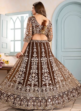 Brown Net Lehenga Choli with Embroidered, Sequins and Zari Work