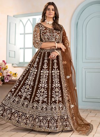 Brown Net Lehenga Choli with Embroidered, Sequins and Zari Work