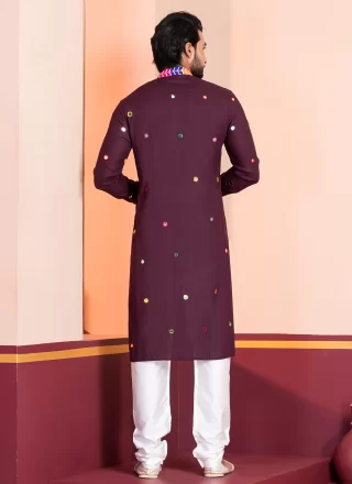 Brown Rayon Kurta Pyjama with Embroidered and Lace Work