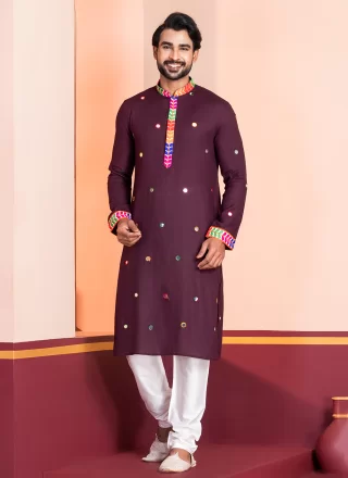 Brown Rayon Kurta Pyjama with Embroidered and Lace Work