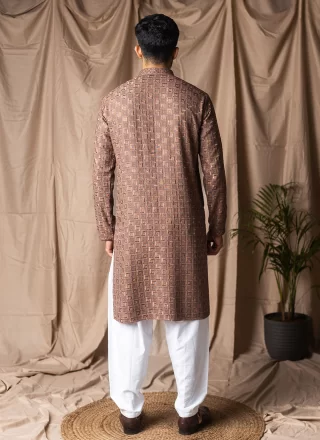 Brown Rayon Kurta Pyjama with Embroidered and Thread Work