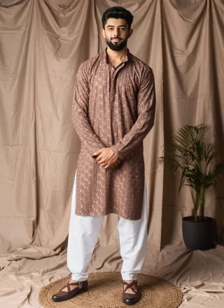 Brown Rayon Kurta Pyjama with Embroidered and Thread Work
