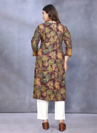Brown Rayon Print Work Designer Kurti for Festival