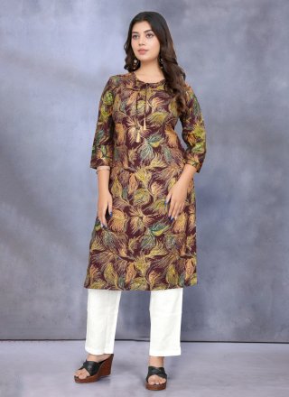 Brown Rayon Print Work Designer Kurti for Festival