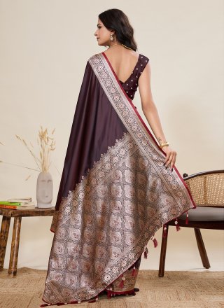 Brown Satin Silk Contemporary Saree with Woven and Zari Work for Women
