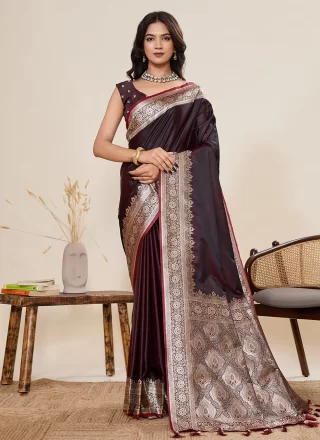 Brown Satin Silk Contemporary Saree with Woven and Zari Work for Women