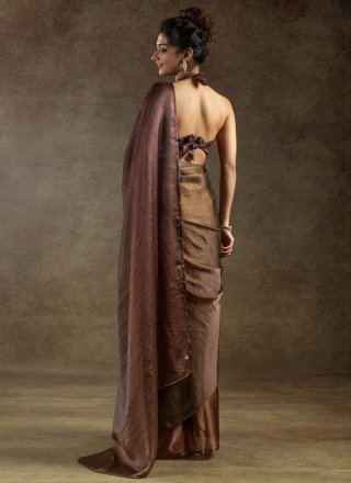 Brown Satin Silk Plain Work Contemporary Saree