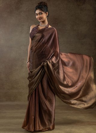 Brown Satin Silk Plain Work Contemporary Saree