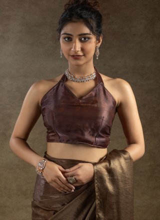 Brown Satin Silk Plain Work Contemporary Saree