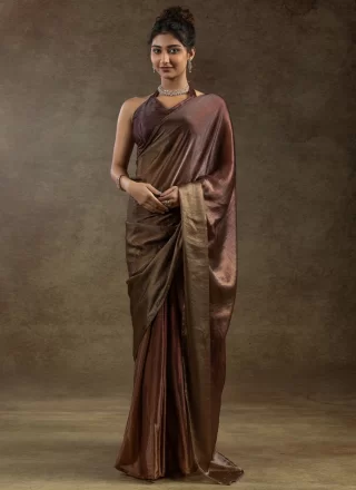 Brown Satin Silk Plain Work Contemporary Saree