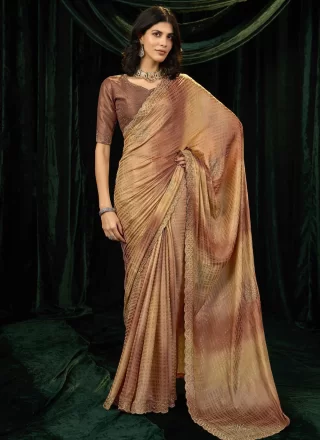 Brown Silk Beads, Patch Border and Thread Work Designer Sari