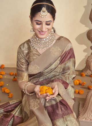 Brown Silk Classic Saree with Checks and Zari Work
