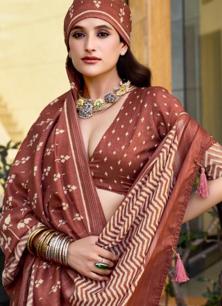 Brown Silk Contemporary Sari with Print Work