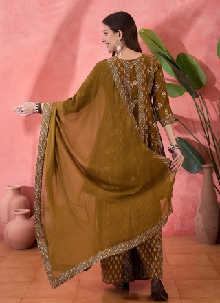 Brown Silk Embroidered and Print Work Salwar Suit