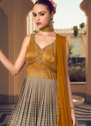 Brown Silk Gown with Embroidered, Jacquard, Print and Zari Work