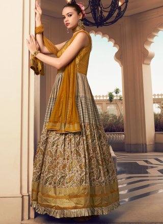 Brown Silk Gown with Embroidered, Jacquard, Print and Zari Work