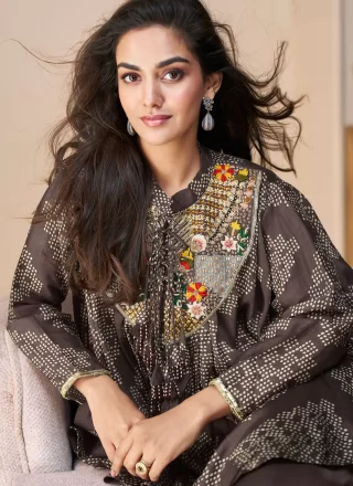 Brown Silk Palazzo Salwar Suit with Embroidered Work for Women
