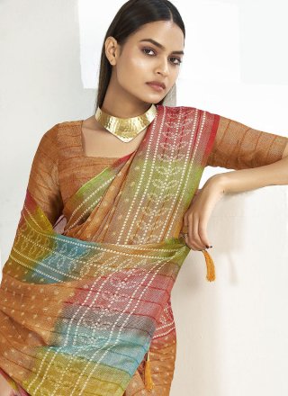 Brown Silk Print Work Traditional Saree for Casual