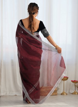 Brown Tissue Embroidered, Sequins and Zari Work Classic Saree