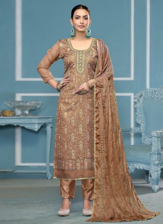 Brown Viscose Embroidered and Print Work Salwar Suit