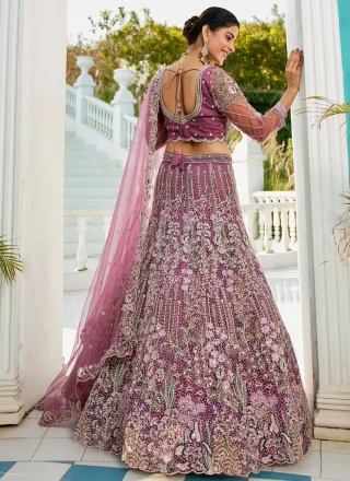 Burgundy and Lavender Net Embroidered, Sequins, Stone, Thread and Zari Work Lehenga Choli for Engagement
