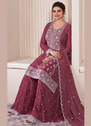 Burgundy Chinon Embroidered and Thread Work Salwar Suit for Ceremonial