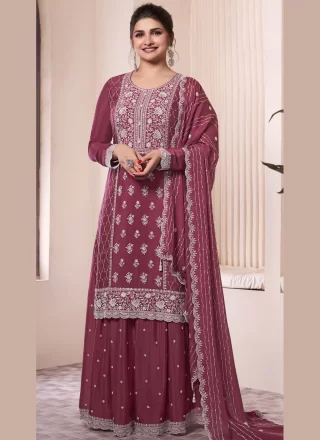 Burgundy Chinon Embroidered and Thread Work Salwar Suit for Ceremonial