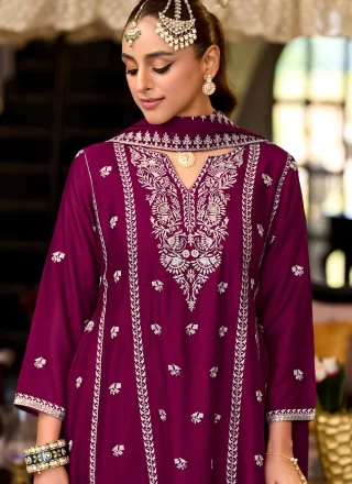 Burgundy Chinon Embroidered Work Pant Style Suit