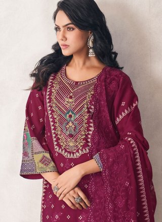Burgundy Cotton Lawn Embroidered, Floral Patch, Resham and Sequins Work Salwar Suit for Ceremonial