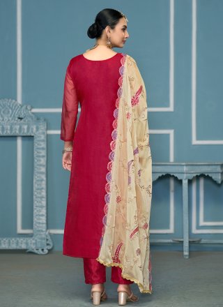Burgundy Embroidered and Print Work Organza Salwar Suit