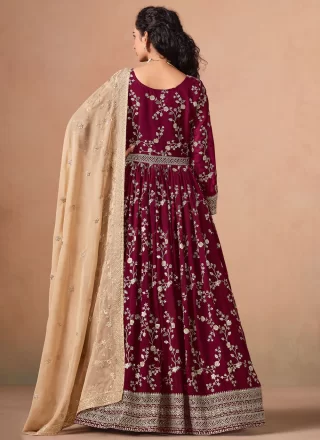Burgundy Embroidered and Sequins Work Faux Georgette Readymade Salwar Suit