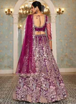 Burgundy Embroidered, Sequins, Stone, Thread and Zari Work Net Lehenga Choli