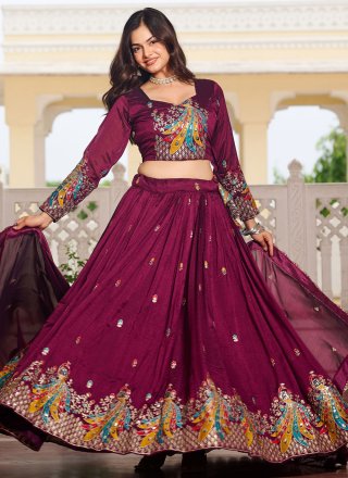 Burgundy Embroidered, Sequins, Thread and Zari Work Vichitra Silk Readymade Lehenga Choli