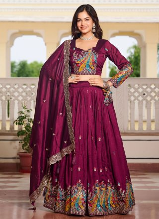 Burgundy Embroidered, Sequins, Thread and Zari Work Vichitra Silk Readymade Lehenga Choli