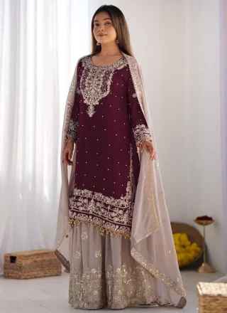 Burgundy Faux Georgette Embroidered, Sequins and Zari Work Readymade Salwar Suit for Ceremonial