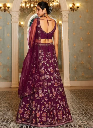 Burgundy Net Beads and Embroidered Work Lehenga Choli