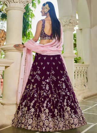 Burgundy Organza Lehenga Choli with Embroidered, Sequins and Zari Work