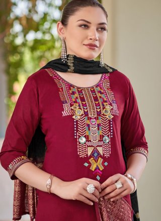 Burgundy Rayon Embroidered Work Salwar Suit for Casual