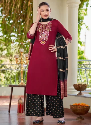 Burgundy Rayon Embroidered Work Salwar Suit for Casual