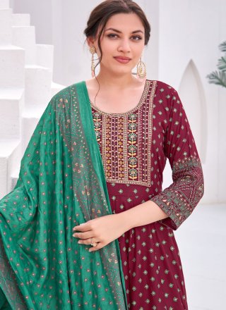 Burgundy Rayon Gown with Embroidered and Foil Print Work