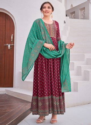 Burgundy Rayon Gown with Embroidered and Foil Print Work