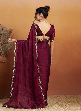Burgundy Satin Embroidered Work Contemporary Sari