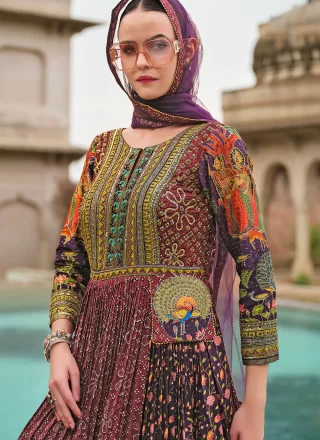 Burgundy Silk Embroidered, Foil Print, Sequins and Zari Work Gown for Women