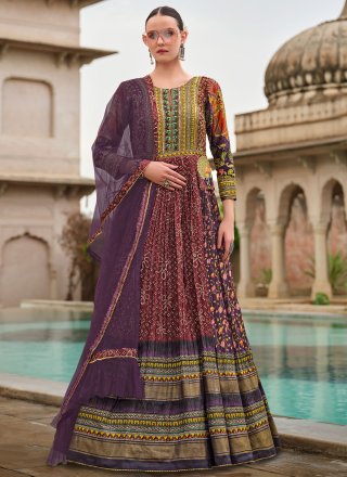 Burgundy Silk Embroidered, Foil Print, Sequins and Zari Work Gown for Women
