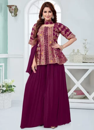 Burgundy Silk Embroidered, Jacquard and Mirror Work Readymade Salwar Suit for Ceremonial