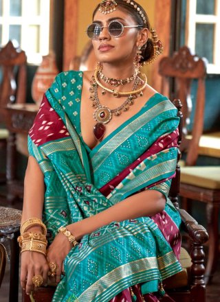 Burgundy Silk Geometric Print Work Contemporary Saree for Ceremonial